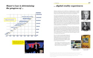 1 - The digital age                                                                                                                      17

   Moore‘s Law is determining                                                       ... digital reality experiences
   the progress of ...
                                                                                    Still being a teenager the internet has already had an overwhelming impact on our global
                                                                                    civilization, but with both faster connections and more availability through the rise of black-
                                                                                    berries, the iconic iPhone, pdas, netbooks and many more devices (as the ubiquitous internet
                                                                                    of things is step by step arriving) its importance is becoming even more fundamental.

                                                                                    The continuous developing digital reality is becoming the home for a ‘global society’18 that is
                                                                                    technologicaly empowered and interconnected and because of that able to change the world.
                                                                                    (Gordon Brown)18. Its citizens are both explorers of the digital sphere as well as their architects
                                                                                    acting as multi-media content creators, capturing and sharing ideas and impressions with
MOORe‘S LAW illustrated by the                                                      their global ‘friends’ (bear in mind that the social network Facebook with its more than 300
development of intel processors                                                     million users19 has enhanced the concept of what the term ‘friend’ can mean). Increasingly                            Martin heidegger
                                                                                    at former analogue and ‘offline’ environments (the so called ‘first life’) we are confronted by
                                                                                    digitally influenced situations (such as the shown Lego Packagings using Augmented Reality)
                                                                                    Real-time services such as Twitter or the upcoming GoogleWaves redefine our understanding
                                                                                    of what is a conversation is. As a consequence the seperation between the digital and the real
                                                                                    world has already become an out-of date concept.

                                                                                    20 years after inventing the World Wide Web, Tim Berners-Lee20 is asking the world to provi-
                                                                                    de raw data for a new type of web which links data. The bigger the amount of the linked data
                                                                                    provided the more powerful computerized analysis which is to play a fundamental role in our
                                                                                    daily life by helping us to make sense of the shared knowledge of the world. One hope for this
                                                                                    Web 3.0 is, that it is to be a groundbreaking tool in countless areas of research and culture,
                                                                                    such as the fight against diseases on a TED-conference in February 200920. Of course it is the                           Faris yakob
                                                                                    content of many discussions if it is one big step towards computerized intelligence (the Web
                                                                                    4.0 is expected to arrive around 205021).

                                                                                    We can be sure that this evolution digital technology will
                                                                                    enhance our reality. Faris Yakob (EVP Chief Technology
                                                                                    Strategist, McCann Erickson New York) describes that the
                                                                                    more invisible the web turns the more powerful it is beco-
                                                                                    ming, giving the philosopher Martin Heidegger’s example
                                                                                    of the blind person’s cane which becomes like an organ for
                                                                                    the user to experience his environment:
                          WiRiNG A WeB FOR GLOBAL GOOD
                          Gordon Brown speaks on 21 July 2009                           The social impact of the web will only become evident
                          at a TeD conference in Oxford, UK                             when it is ubiquitous – a tool used so intuitively by the
                                                                                        generation that grows up once this happens that it is no
                                                                                        longer a tool, but an extension of yourself.22




                                                                                                                                                           Augmented Reality with Webcam              in-Store Use of Augmented
                                                                                                                                                               Campaign for BMW Z4                          Reality by LeGO


                                                                18
                                                                     TED, Gordon Brown, Wiring a web for a global good <http://www.ted.com/talks/lang/eng/gordon_brown.html> accessed on 24.07.2009
                                                                19
                                                                     Tagesschau.de, Facebook macht erstmals Gewinn <http://www.tagesschau.de/wirtschaft/facebook136.html> accessed on16.09.2009
                                                                20
                                                                     TED, Tim Berners-Lee, The next web <http://www.ted.com/talks/lang/eng/tim_berners_lee_on_the_next_web.html> accessed on 14.03.2009
                                                                21
                                                                     Karl Fisch, Scott McLeod, Did you know 3.0 <http://www.youtube.com/watch?v=jpEnFwiqdx8> accessed on 17.01.2009
                                                                22
                                                                     Yakob F., The invisible web
 