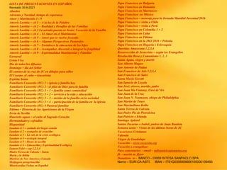 LISTA DE PRESENTACIONES EN ESPAÑOL
Revisado 30-9-2021
Abuelos
Adviento y Navidad, tiempo de esperanza
Amor y Matrimonio 1 - 9
Amoris Laetitia – ch 1 – A la luz de la Palabre
Amoris Laetitia – ch 2 – Realidad y Desafíos de las Familias
Amoris Laetitia – ch 3 La mirada puesta en Jesús: Vocación de la Familia
Amoris Laetitia – ch 4 - El Amor en el Matrimonio
Amoris Laetitia – ch 5 – Amor que se vuelve fecundo
Amoris Laetitia – ch 6 – Algunas Perspectivas Pastorales
Amoris Laetitia – ch 7 – Fortalecer la educacion de los hijos
Amoris Laetitia – ch 8 – Acompañar, discernir e integrar la fragilidad
Amoris Laetitia – ch 9 – Espiritualidad Matrimonial y Familiar
Carnaval
Cristo Vive
Dia de todos los difuntos
Domingo – día del Señor
El camino de la cruz de JC en dibujos para niños
El Cuerpo, el culto – (eucarisía)
Espíritu Santo
Familiaris Consortio (FC) 1 – iglesia y familia hoy
Familiaris Consortio (FC) 2 - el plan de Dios para la familia
Familiaris Consortio (FC) 3 – 1 – familia como comunidad
Familiaris Consortio (FC) 3 – 2 – servicio a la vida y educación
Familiaris Consortio (FC) 3 – 3 – misión de la familia en la sociedad
Familiaris Consortio (FC) 3 – 4 - participación de la familia en la iglesia
Familiaris Consortio (FC) 4 Pastoral familiar
Fátima – Historia de las Apariciones de la Virgen
Feria de Sevilla
Haurietis aquas – el culto al Sagrado Corazón
Hermandades y cofradías
Hispanidad
Laudato si 1 – cuidado del hogar común
Laudato si 2 – evangelio de creación
Laudato si 3 – La raíz de la crisis ecológica
Laudato si 4 – ecología integral
Laudato si 5 – líneas de acción
Laudato si 6 – Educación y Espiritualidad Ecológica
Lumen Fidei – cap 1,2,3,4
Madre Teresa de Calcuta – Santa
María y la Biblia
Martires de Nor America y Canada
Medjugore peregrinación
Misericordiae Vultus en Español
Papa Francisco en Bulgaria
Papa Francisco en Rumania
Papa Francisco en Marruecos
Papa Francisco en México
Papa Francisco – mensaje para la Jornada Mundial Juventud 2016
Papa Francisco – visita a Chile
Papa Francisco – visita a Perú
Papa Francisco en Colombia 1 + 2
Papa Francisco en Cuba
Papa Francisco en Fátima
Papa Francisco en la JMJ 2016 – Polonia
Papa Francisco en Hugaría e Eslovaquia
Queridas Amazoznia 1,2,3,4
Resurrección de Jesucristo – según los Evangelios
Revolución Rusa y Comunismo 1, 2, 3
Santa Agata, virgen y martir
San Alberto Magno
San Antonio de Padua
San Francisco de Asis 1,2,3,4
San Francisco de Sales
Santa Maria Goretti
San Ignacio de Loyola
San José, obrero, marido, padre
San Juan Ma Vianney, Curé de’Ars
San Juan de la Cruz
San Juan N. Neumann, obispo de Philadelphia
San Martin de Tours
San Maximiliano Kolbe
Santa Teresa de Calcuta
San Padre Pio de Pietralcina
San Patricio e Irlanda
Santiago Apóstol
Santos Zacarias e Isabel, padres de Juan Bautista
Semana santa – Vistas de las últimas horas de JC
Vacaciones Cristianas
Valentín
Virgen de Guadalupe
Vocación – www.vocación.org
Vocación a evangelizar
Para comentarios – email – mflynn@lcegionaries.org
fb – martin m. flynn
Donations to - BANCO - 03069 INTESA SANPAOLO SPA
Name – EUR-CA-ASTI. IBAN – IT61Q0306909606100000139493
 