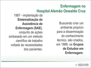 Enfermagem no
                      Hospital Alemão Oswaldo Cruz
   1987 - implantação da
      Sistematização da
          Assistência de           Buscando criar um
     Enfermagem (SAE),              ambiente propício
        conjunto de ações        para a disseminação
embasado em um método                do conhecimento
     científico de trabalho      técnico, são criados,
 voltado às necessidades         em 1988, os Grupos
             dos pacientes.           de Estudos em
                                        Enfermagem.
 