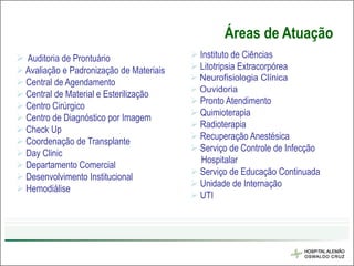 Áreas de Atuação
 Auditoria de Prontuário                  Instituto de Ciências
 Avaliação e Padronização de Materiais    Litotripsia Extracorpórea
                                           Neurofisiologia Clínica
 Central de Agendamento
                                           Ouvidoria
 Central de Material e Esterilização
                                           Pronto Atendimento
 Centro Cirúrgico
                                           Quimioterapia
 Centro de Diagnóstico por Imagem
                                           Radioterapia
 Check Up
                                           Recuperação Anestésica
 Coordenação de Transplante
                                           Serviço de Controle de Infecção
 Day Clinic
                                            Hospitalar
 Departamento Comercial
                                           Serviço de Educação Continuada
 Desenvolvimento Institucional
                                           Unidade de Internação
 Hemodiálise
                                           UTI
 