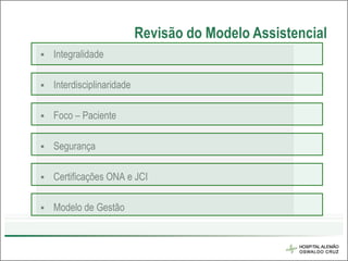 Revisão do Modelo Assistencial
   Integralidade

   Interdisciplinaridade

   Foco – Paciente

   Segurança

   Certificações ONA e JCI

   Modelo de Gestão
 