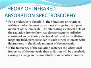 THEORY OF INFRARED
ABSORPTION SPECTROSCOPHY
For a molecule to absorb IR, the vibrations or rotations
 within a molecule must cause a net change in the dipole
 moment of the molecule. The alternating electrical field of
 the radiation (remember that electromagnetic radiation
 consists of an oscillating electrical field and an oscillating
 magnetic field, perpendicular to each other) interacts with
 fluctuations in the dipole moment of the molecule.
If the frequency of the radiation matches the vibrational
 frequency of the molecule then radiation will be absorbed,
 causing a change in the amplitude of molecular vibration
 