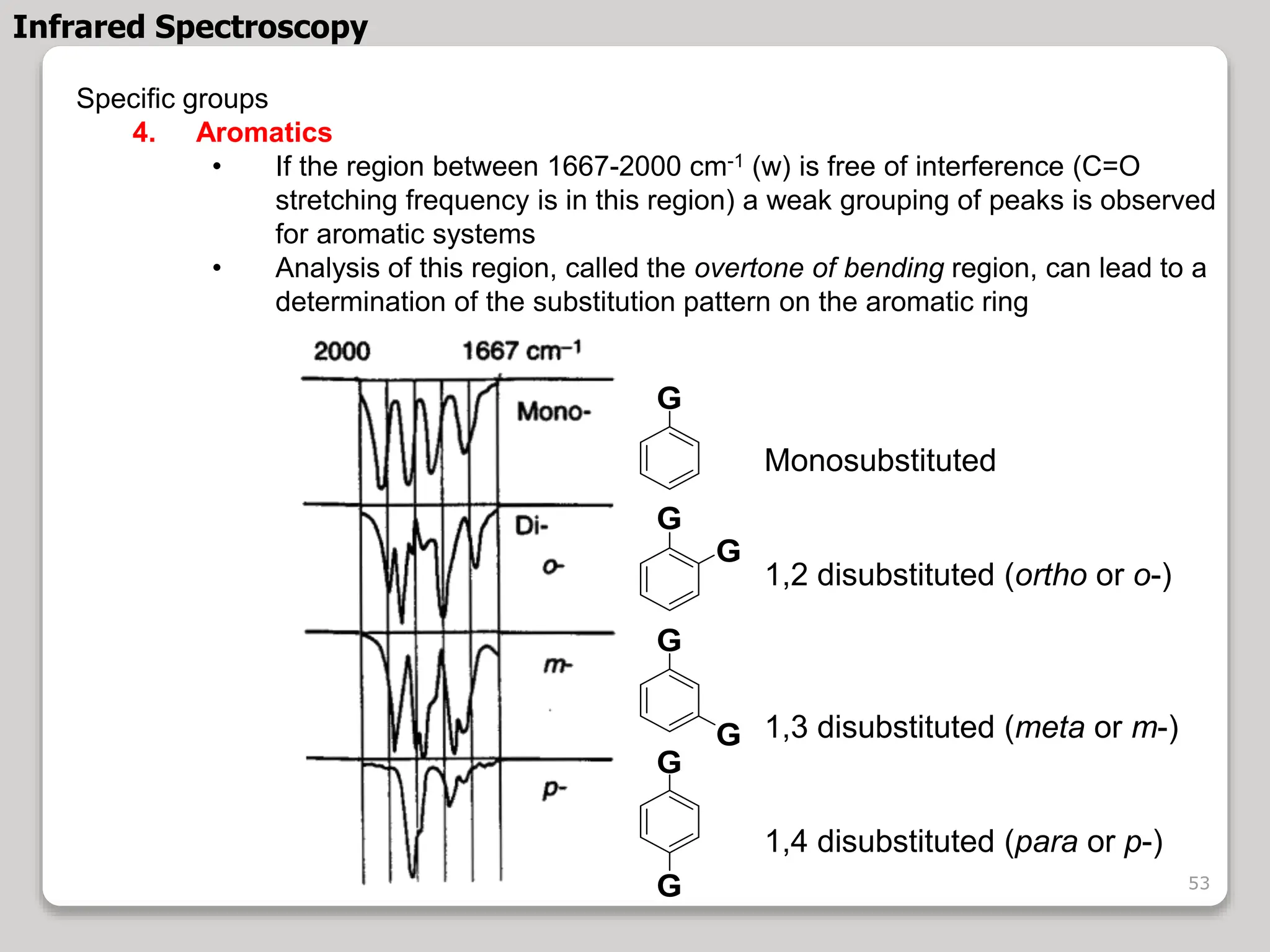 Specific groups
4. Aromatics
• If the region between 1667-2000 cm-1 (w) is free of interference (C=O
stretching frequency is in this region) a weak grouping of peaks is observed
for aromatic systems
• Analysis of this region, called the overtone of bending region, can lead to a
determination of the substitution pattern on the aromatic ring
Monosubstituted
1,2 disubstituted (ortho or o-)
1,3 disubstituted (meta or m-)
1,4 disubstituted (para or p-)
G
G
G
G
G
G
G
Infrared Spectroscopy
53
 