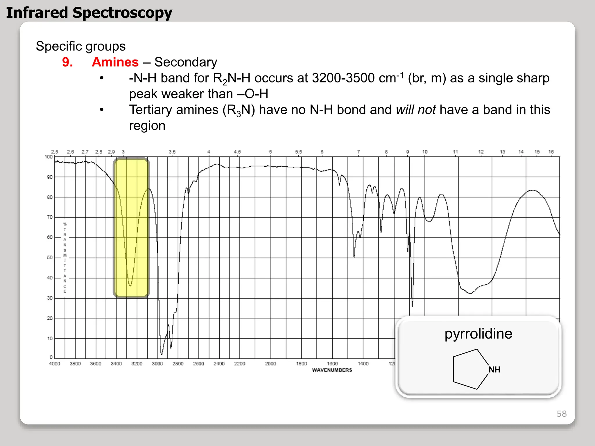 Specific groups
9. Amines – Secondary
• -N-H band for R2N-H occurs at 3200-3500 cm-1 (br, m) as a single sharp
peak weaker than –O-H
• Tertiary amines (R3N) have no N-H bond and will not have a band in this
region
pyrrolidine
NH
Infrared Spectroscopy
58
 