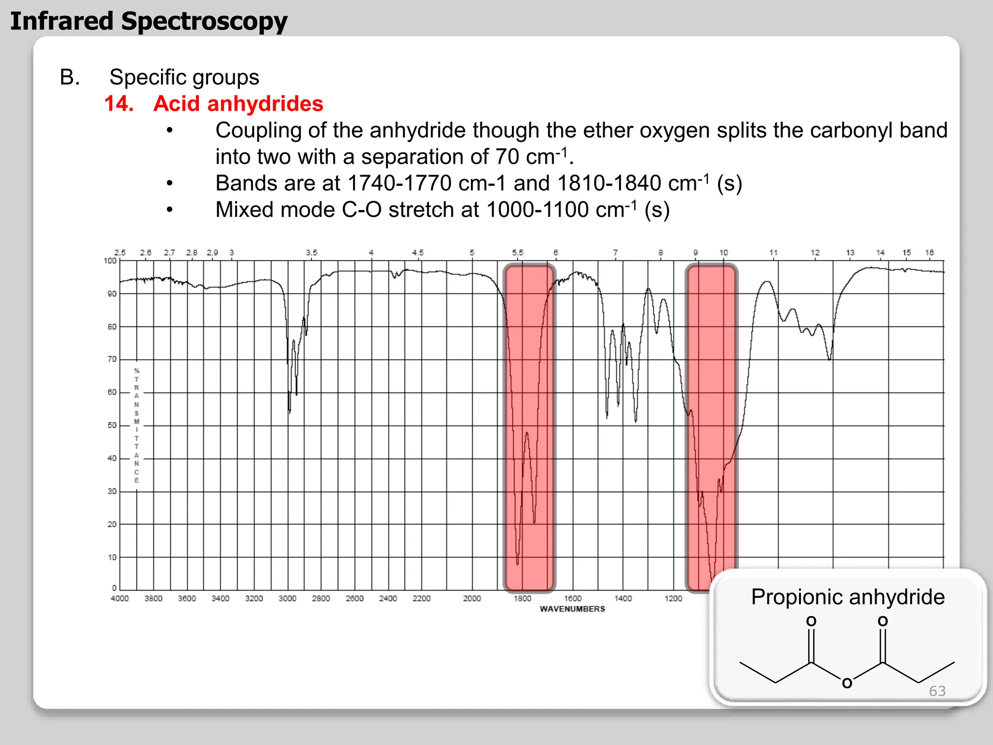 B. Specific groups
14. Acid anhydrides
• Coupling of the anhydride though the ether oxygen splits the carbonyl band
into two with a separation of 70 cm-1.
• Bands are at 1740-1770 cm-1 and 1810-1840 cm-1 (s)
• Mixed mode C-O stretch at 1000-1100 cm-1 (s)
Propionic anhydride
Infrared Spectroscopy
O
O O
63
 