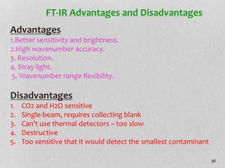Advantages
1.Better sensitivity and brightness.
2.High wavenumber accuracy.
3. Resolution.
4. Stray light.
5. Wavenumber range flexibility.
Disadvantages
1. CO2 and H2O sensitive
2. Single-beam, requires collecting blank
3. Can’t use thermal detectors – too slow
4. Destructive
5. Too sensitive that it would detect the smallest contaminant
FT-IR Advantages and Disadvantages
36
 