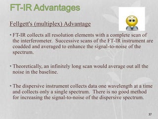 Fellgett's (multiplex) Advantage
• FT-IR collects all resolution elements with a complete scan of
the interferometer. Successive scans of the FT-IR instrument are
coadded and averaged to enhance the signal-to-noise of the
spectrum.
• Theoretically, an infinitely long scan would average out all the
noise in the baseline.
• The dispersive instrument collects data one wavelength at a time
and collects only a single spectrum. There is no good method
for increasing the signal-to-noise of the dispersive spectrum.
37
 