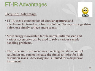 Jacquinot Advantage
• FT-IR uses a combination of circular apertures and
interferometer travel to define resolution. To improve signal-to-
noise, one simply collects more scans.
• More energy is available for the normal infrared scan and
various accessories can be used to solve various sample
handling problems.
• The dispersive instrument uses a rectangular slit to control
resolution and cannot increase the signal-to-noise for high
resolution scans. Accessory use is limited for a dispersive
instrument.
39
 