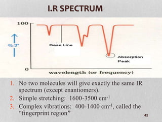 1. No two molecules will give exactly the same IR
spectrum (except enantiomers).
2. Simple stretching: 1600-3500 cm-1
3. Complex vibrations: 400-1400 cm-1, called the
“fingerprint region”
I.R SPECTRUM
42
 