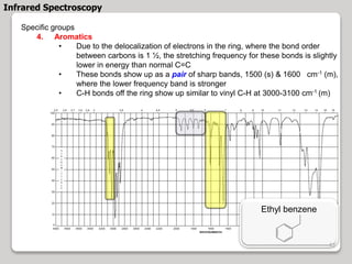 Specific groups
4. Aromatics
• Due to the delocalization of electrons in the ring, where the bond order
between carbons is 1 ½, the stretching frequency for these bonds is slightly
lower in energy than normal C=C
• These bonds show up as a pair of sharp bands, 1500 (s) & 1600 cm-1 (m),
where the lower frequency band is stronger
• C-H bonds off the ring show up similar to vinyl C-H at 3000-3100 cm-1 (m)
Ethyl benzene
Infrared Spectroscopy
52
 