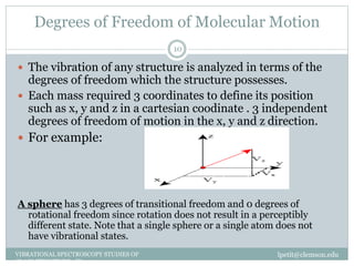 Degrees of Freedom of Molecular Motion
lpetit@clemson.eduVIBRATIONAL SPECTROSCOPY STUDIES OF
GLASS STRUCTURE : IR spectroscopy
10
 The vibration of any structure is analyzed in terms of the
degrees of freedom which the structure possesses.
 Each mass required 3 coordinates to define its position
such as x, y and z in a cartesian coodinate . 3 independent
degrees of freedom of motion in the x, y and z direction.
 For example:
A sphere has 3 degrees of transitional freedom and 0 degrees of
rotational freedom since rotation does not result in a perceptibly
different state. Note that a single sphere or a single atom does not
have vibrational states.
 