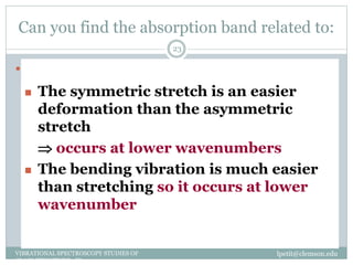 Can you find the absorption band related to:
lpetit@clemson.eduVIBRATIONAL SPECTROSCOPY STUDIES OF
GLASS STRUCTURE : IR spectroscopy
23
 Gas Phase Infrared Spectrum of Formaldehyde,
H2C=O
 The symmetric stretch is an easier
deformation than the asymmetric
stretch
 occurs at lower wavenumbers
 The bending vibration is much easier
than stretching so it occurs at lower
wavenumber
 