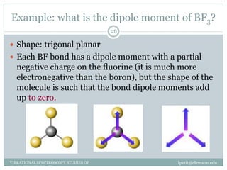 Example: what is the dipole moment of BF3?
lpetit@clemson.eduVIBRATIONAL SPECTROSCOPY STUDIES OF
GLASS STRUCTURE : IR spectroscopy
26
 Shape: trigonal planar
 Each BF bond has a dipole moment with a partial
negative charge on the fluorine (it is much more
electronegative than the boron), but the shape of the
molecule is such that the bond dipole moments add
up to zero.
 