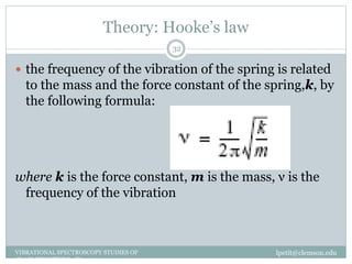 Theory: Hooke’s law
lpetit@clemson.eduVIBRATIONAL SPECTROSCOPY STUDIES OF
GLASS STRUCTURE : IR spectroscopy
32
 the frequency of the vibration of the spring is related
to the mass and the force constant of the spring,k, by
the following formula:
where k is the force constant, m is the mass, ν is the
frequency of the vibration
 