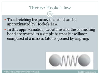 Theory: Hooke’s law
lpetit@clemson.eduVIBRATIONAL SPECTROSCOPY STUDIES OF
GLASS STRUCTURE : IR spectroscopy
33
 The stretching frequency of a bond can be
approximated by Hooke’s Law.
 In this approximation, two atoms and the connecting
bond are treated as a simple harmonic oscillator
composed of 2 masses (atoms) joined by a spring:
 