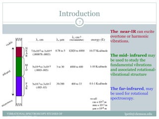 Introduction
lpetit@clemson.eduVIBRATIONAL SPECTROSCOPY STUDIES OF
GLASS STRUCTURE : IR spectroscopy
7
The near-IR can excite
overtone or harmonic
vibrations.
The mid- infrared may
be used to study the
fundamental vibrations
and associated rotational-
vibrational structure
The far-infrared, may
be used for rotational
spectroscopy.
 