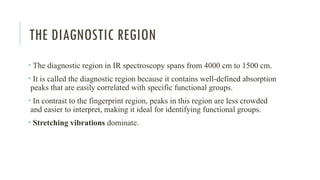 THE DIAGNOSTIC REGION
• The diagnostic region in IR spectroscopy spans from 4000 cm to 1500 cm.
• It is called the diagnostic region because it contains well-defined absorption
peaks that are easily correlated with specific functional groups.
• In contrast to the fingerprint region, peaks in this region are less crowded
and easier to interpret, making it ideal for identifying functional groups.
• Stretching vibrations dominate.
 