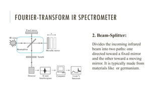 FOURIER-TRANSFORM IR SPECTROMETER
2. Beam-Splitter:
Divides the incoming infrared
beam into two paths: one
directed toward a fixed mirror
and the other toward a moving
mirror. It is typically made from
materials like or germanium.
 