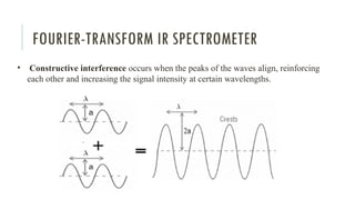 FOURIER-TRANSFORM IR SPECTROMETER
• Constructive interference occurs when the peaks of the waves align, reinforcing
each other and increasing the signal intensity at certain wavelengths.
 