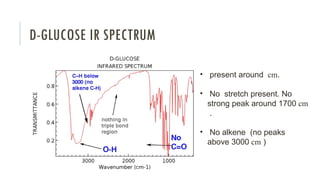 D-GLUCOSE IR SPECTRUM
• present around cm.
• No stretch present. No
strong peak around 1700 cm
.
• No alkene (no peaks
above 3000 cm )
 