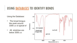USING DATABASES TO IDENTIFY BONDS
Using the Database:
• The broad tongue-
like peak around
3300 cm is typical of
• All stretches are
below 3000 cm
 