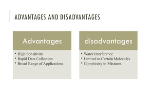 ADVANTAGES AND DISADVANTAGES
Advantages
• High Sensitivity
• Rapid Data Collection
• Broad Range of Applications
disadvantages
• Water Interference
• Limited to Certain Molecules
• Complexity in Mixtures
 