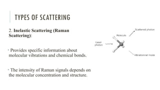 TYPES OF SCATTERING
2. Inelastic Scattering (Raman
Scattering):
• Provides specific information about
molecular vibrations and chemical bonds.
• The intensity of Raman signals depends on
the molecular concentration and structure.
 