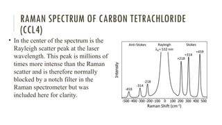 RAMAN SPECTRUM OF CARBON TETRACHLORIDE
(CCL4)
• In the center of the spectrum is the
Rayleigh scatter peak at the laser
wavelength. This peak is millions of
times more intense than the Raman
scatter and is therefore normally
blocked by a notch filter in the
Raman spectrometer but was
included here for clarity.
 