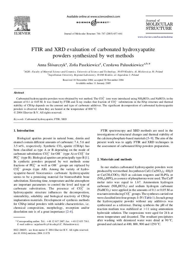 Ftir And Xrd Evaluation Of Carbonated Hydroxyapatite Powders Synthesi