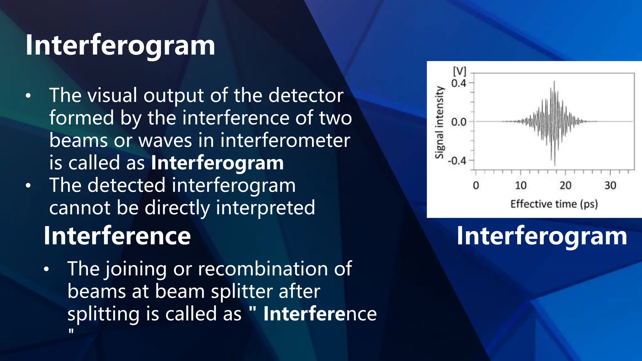 Interferogram
• The visual output of the detector
formed by the interference of two
beams or waves in interferometer
is called as Interferogram
• The detected interferogram
cannot be directly interpreted
Interference Interferogram
• The joining or recombination of
beams at beam splitter after
splitting is called as " Interference
"
 