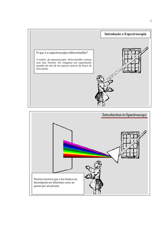 1



                                                      Introdução a Espectroscopia




 O que é a espectroscopia infravermelho?

 A estória da espectroscopia infravermelho começa
 com Isac Newton. Ele imaginou um experimento
 quando um raio de luz passava através da fresca de
 uma janela.




Newton mostrou que a luz branca era
decomposta em diferentes cores ao
passar por um prisma.
 