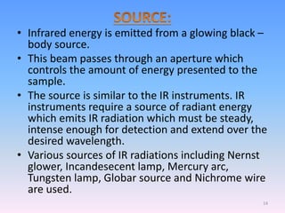 • Infrared energy is emitted from a glowing black –
body source.
• This beam passes through an aperture which
controls the amount of energy presented to the
sample.
• The source is similar to the IR instruments. IR
instruments require a source of radiant energy
which emits IR radiation which must be steady,
intense enough for detection and extend over the
desired wavelength.
• Various sources of IR radiations including Nernst
glower, Incandesecent lamp, Mercury arc,
Tungsten lamp, Globar source and Nichrome wire
are used.
14
 