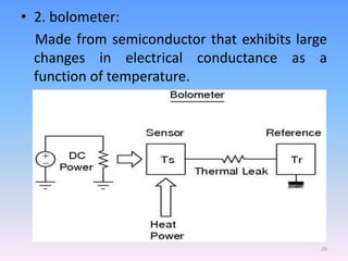 • 2. bolometer:
Made from semiconductor that exhibits large
changes in electrical conductance as a
function of temperature.
29
 