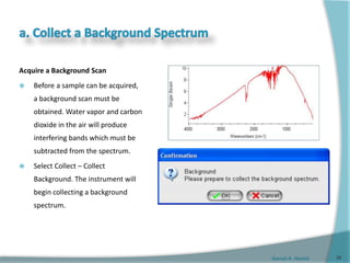 Gamal A. Hamid
Acquire a Background Scan
 Before a sample can be acquired,
a background scan must be
obtained. Water vapor and carbon
dioxide in the air will produce
interfering bands which must be
subtracted from the spectrum.
 Select Collect – Collect
Background. The instrument will
begin collecting a background
spectrum.
38
 