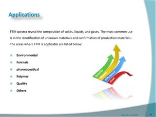 Gamal A. Hamid
FTIR spectra reveal the composition of solids, liquids, and gases. The most common use
is in the identification of unknown materials and confirmation of production materials -
The areas where FTIR is applicable are listed below:
 Environmental
 Forensic
 pharmaceutical
 Polymer
 Quality
 Others
66
 