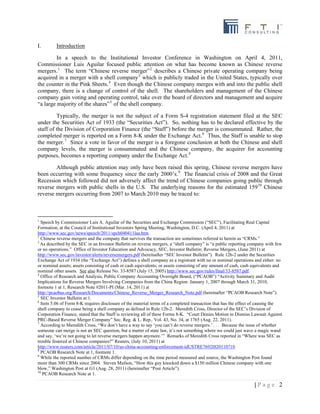 | P a g e 2
I. Introduction
In a speech to the Institutional Investor Conference in Washington on April 4, 2011,
Commissio...