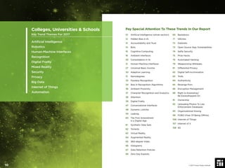 Pay Special Attention To These Trends In Our Report
01 Artiﬁcial Intelligence (whole section)
12 Hidden Bias in AI
13 Accountability and Trust
14 Bots
16 Cognitive Computing
18 Ambient Interfaces
20 Consolidation in AI
21 Human-Machine Interfaces
27 Universal Basic Income
30 Adaptive Learning
31 Nanodegrees
33 Faceless Recognition
34 Bias in Recognition Algorithms
36 Ambient Proximity
37 Character Recognition and Analytics
38 Attention
39 Digital Frailty
47 Conversational Interfaces
48 Dynamic Listicles
59 Leaking
60 The First Amendment
in a Digital Age
61 Synthetic Data Sets
62 Torrents
63 Virtual Reality
64 Augmented Reality
65 360-degree Video
66 Holograms
67 Data Retention Policies
68 Zero Day Exploits
69 Backdoors
71 Glitches
72 Darknets
73 Open Source App Vulnerabilities
74 Selﬁe Security
75 Prize Hacks
76 Automated Hacking
79 Weaponizing Wikileaks
81 Differential Privacy
82 Digital Self-Incrimination
83 Trolls
84 Authenticity
85 Revenge Porn
86 Encryption Management
88 Right to Eavesdrop/
Be Eavesdropped On
91 Ownership
92 Uploading Photos To Law
Enforcement Databases
93 Organizational Doxing
99 FOBO (Fear Of Being Ofﬂine)
108 Internet of Things
157 Internet of X
158 5G
Colleges, Universities & Schools
Key Trend Themes For 2017
Artiﬁcial Intelligence
Robotics
Human-Machine Interfaces
Recognition
Digital Frailty
Mixed Reality
Security
Privacy
Big Data
Internet of Things
Automation
© 2017 Future Today Institute10
 