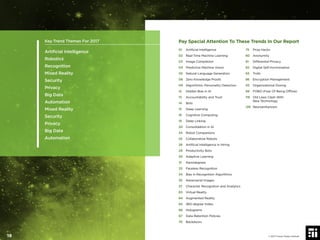 Pay Special Attention To These Trends In Our Report
01 Artiﬁcial Intelligence
02 Real-Time Machine Learning
03 Image Completion
04 Predictive Machine Vision
05 Natural Language Generation
08 Zero Knowledge Proofs
09 Algorithmic Personality Detection
12 Hidden Bias in AI
13 Accountability and Trust
14 Bots
15 Deep Learning
16 Cognitive Computing
19 Deep Linking
20 Consolidation in AI
24 Robot Companions
25 Collaborative Robots
28 Artiﬁcial Intelligence in Hiring
29 Productivity Bots
30 Adaptive Learning
31 Nanodegrees
33 Faceless Recognition
34 Bias in Recognition Algorithms
35 Adversarial Images
37 Character Recognition and Analytics
63 Virtual Reality
64 Augmented Reality
65 360-degree Video
66 Holograms
67 Data Retention Policies
70 Backdoors
75 Prize Hacks
80 Anonymity
81 Differential Privacy
82 Digital Self-Incrimination
83 Trolls
86 Encryption Management
93 Organizational Doxing
99 FOBO (Fear Of Being Ofﬂine)
118 Old Laws Clash With
New Technology
128 Neuroenhancers
© 2017 Future Today Institute
Key Trend Themes For 2017
Artiﬁcial Intelligence
Robotics
Recognition
Mixed Reality
Security
Privacy
Big Data
Automation
Mixed Reality
Security
Privacy
Big Data
Automation
19
 