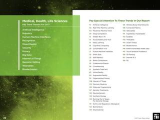 Pay Special Attention To These Trends In Our Report
01 Artiﬁcial Intelligence
02 Real-Time Machine Learning
04 Predictive Machine Vision
03 Image Completion
12 Hidden Bias in AI
13 Accountability and Trust
15 Deep Learning
16 Cognitive Computing
20 Consolidation in AI
21 Human-Machine Interfaces
22 Smart Dust
23 Soft Robotics
24 Robot Companions
25 Collaborative Robots
56 Crowdlearning
61 Synthetic Data Sets
63 Virtual Reality
64 Augmented Reality
93 Organizational Doxing
108 Internet of Things
125 Precision Medicine
126 Molecular Programming
127 Nanobot Treatments
128 Neuroenhancers
129 Synthetic Biology
130 Running Out of Space
For Genome Storage
131 Norms and Regulations (Biological)
132 Biointerfaces
134 Smartwatches
135 Wireless Body Area Networks
136 Connected Fabrics
140 Tattooables
141 Ingestibles/ Implantables
142 Earables
143 Thinkables
144 Smart Thread
145 Bioelectronics
146 Patient-Generated Health Data
147 Touch-Sensitive Prosthetics
156 3D Printing
157 Internet of X
158 5G
Medical, Health, Life Sciences
Key Trend Themes For 2017
Artiﬁcial Intelligence
Robotics
Human-Machine Interfaces
Recognition
Mixed Reality
Security
Privacy
Big Data
Internet of Things
Genomic Editing
Wearables
Bioelectronics
© 2017 Future Today Institute22
 