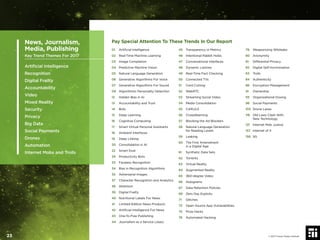 Pay Special Attention To These Trends In Our Report
01 Artiﬁcial Intelligence
02 Real-Time Machine Learning
03 Image Completion
04 Predictive Machine Vision
05 Natural Language Generation
06 Generative Algorithms For Voice
07 Generative Algorithms For Sound
09 Algorithmic Personality Detection
12 Hidden Bias in AI
13 Accountability and Trust
14 Bots
15 Deep Learning
16 Cognitive Computing
17 Smart Virtual Personal Assistants
18 Ambient Interfaces
19 Deep Linking
20 Consolidation in AI
22 Smart Dust
29 Productivity Bots
33 Faceless Recognition
34 Bias in Recognition Algorithms
35 Adversarial Images
37 Character Recognition and Analytics
38 Attention
39 Digital Frailty
40 Nutritional Labels For News
41 Limited-Edition News Products
42 Artiﬁcial Intelligence For News
43 One-To-Few Publishing
44 Journalism as a Service (Jaas)
45 Transparency in Metrics
46 Intentional Rabbit Holes
47 Conversational Interfaces
48 Dynamic Listicles
49 Real-Time Fact Checking
50 Connected TVs
51 Cord Cutting
52 WebRTC
53 Streaming Social Video
54 Media Consolidation
55 CARv2.0
56 Crowdlearning
57 Blocking the Ad Blockers
58 Natural Language Generation
for Reading Levels
59 Leaking
60 The First Amendment
in a Digital Age
61 Synthetic Data Sets
62 Torrents
63 Virtual Reality
64 Augmented Reality
65 360-degree Video
66 Holograms
67 Data Retention Policies
69 Zero Day Exploits
71 Glitches
73 Open Source App Vulnerabilities
75 Prize Hacks
76 Automated Hacking
79 Weaponizing Wikileaks
80 Anonymity
81 Differential Privacy
82 Digital Self-Incrimination
83 Trolls
84 Authenticity
86 Encryption Management
91 Ownership
93 Organizational Doxing
96 Social Payments
103 Drone Lanes
118 Old Laws Clash With
New Technology
121 Internet Mob Justice
157 Internet of X
158 5G
News, Journalism,
Media, Publishing
Key Trend Themes For 2017
Artiﬁcial Intelligence
Recognition
Digital Frailty
Accountability
Video
Mixed Reality
Security
Privacy
Big Data
Social Payments
Drones
Automation
Internet Mobs and Trolls
© 2017 Future Today Institute23
 