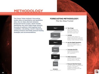 The Future Today Institute’s forecasting
model relies on quantitative and qualitative
data. Our six steps alternate between
broad and narrow scopes, which include:
identifying very early stage fringe research,
focusing on patterns, interrogating trend
candidates, calculating a trend’s trajectory,
writing scenarios and ﬁnally pressure-testing
strategies and recommendations.
METHODOLOGY
29
© 2017 Future
Today Institute
 