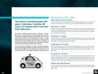 WHAT IS A TREND,
EXACTLY?
The future is simultaneously 250 years, 3 decades, 1 months,
88 hours, 37 minutes and 14 seconds from right now. Forecast-
ing the future requires thinking in contradictory ways. We must
accept that the future is not predetermined—that we can both
know what’s past the horizon and intervene to shape it—while
simultaneously acknowledging that any number of variables, at
any time, can inﬂuence an outcome. We must solve the paradox
of the present by practicing ambidextrous thinking.
When it comes to technology, it is helpful to organize the evolu-
tion of trends along six general time zones. They are not arbitrary;
they follow the pattern of acceleration across various sectors of
the tech ecosystem. For example, consider the evolution of cars:
Futures of Cars, 2017 - 2057
Now: within the next 12 months.
By the end of 2018, cars will be equipped with software updates and new sensors that
perform more functions for the driver, such as parking and adaptive cruise control.
Near-term: 1 - 5 years.
By 2022, most cars will be equipped with cross-path cameras to sense nearby objects
and they will have adaptive cruise control for driving in stop-and-go trafﬁc. They will
offer many driverless functions—but you will still need to operate the car in neighbor-
hoods and many city streets.
Mid-range: 5 - 10 years.
By 2027, advanced Lidar and WiFi technology will transmit your vehicle’s location and
will recognize other vehicles sharing the road. This will begin to enable cars to drive
themselves on highways and many city streets.
Long-range: 10 - 20 years.
By 2037, the highway system will have been upgraded to work in symbiosis with
semi-autonomous vehicles. Human drivers will take over on smaller streets. On man-
dated autonomous highway lanes, people will be free to read, watch videos or con-
duct work.
Far-range: 20 - 30 years.
By 2047, we may no longer own cars and cities might no longer operate buses. In-
stead, automated buses could be subsidized thought taxes and offered at no cost.
Those with the means to do so may subscribe to a transportation service, which op-
erates vehicles that are fully automated and will take them to destinations as desired.
Distant: more than 30 years.
By 2057, autonomous vehicles could be connected to a series of high-speed maglev
trains, which may have started to supplant commercial air routes on the East and
West coasts.
© 2017 Future Today Institute
The future is simultaneously 250
years, 3 decades, 1 months, 88
hours, 37 minutes and 14 seconds
from right now.
34
 