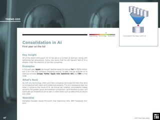 © 2017 Future Today Institute
Consolidation in AI
First year on the list
Key Insight
All of the recent enthusiasm for AI has led to a number of startups—along with
lightening-fast acquisitions. Some now worry that the still nascent ﬁeld of AI is
already under the direction of too few companies.
Examples
In the past year, Apple has bought Seattle-based AI startup Turi for $200 million,
but it isn’t the only company shopping around. To date, the top acquirer of AI
startups includes Google, Twitter, Apple, Intel, Salesforce, AOL and IBM, in that
order.
What’s Next
As with any technology, when just a few companies dominate the ﬁeld, they tend
to monopolize both talent and intellectual property. This isn’t necessarily bad, but
when it comes to the future of AI, we should ask whether consolidation makes
sense for the greater good, and whether competition—and therefore access—will
eventually be hindered as we’ve seen in other ﬁelds such as telecommunications
and cable.
Watchlist
Alphabet (Google); Apple; Microsoft; Intel; Salesforce; AOL; IBM; Facebook; Am-
azon.
Consolidation has begun within AI.
TREND 020
47 © 2017 Future Today Institute
Needs Monitoring Informs Strategy Requires Action
 