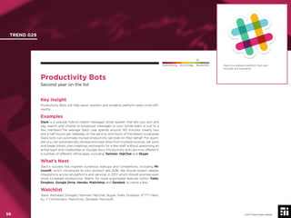 © 2017 Future Today Institute
Productivity Bots
Second year on the list
Key Insight
Productivity Bots will help assist workers and students perform tasks more efﬁ-
ciently.
Examples
Slack is a popular hybrid instant message/ email system that lets you sort and
tag, search, and choose to broadcast messages to your whole team or just to a
few members.The average Slack user spends around 140 minutes (nearly two
and a half hours) per weekday on the service, and much of the reason is because
Slack bots can automate myriad productivity services on their behalf. For exam-
ple: you can automatically retrieve and read news from multiple sources, set work
and break timers, plan meetings and events for a few staff without spamming an
entire team and collaborate on Google docs. Productivity bots are now offered in
a number of different ofﬁce apps, including Yammer, HipChat and Skype.
What’s Next
Slack’s success has inspired numerous startups and competitors, including Mi-
crosoft, which introduced its own product late 2016. We should expect deeper
integrations across all platforms and services in 2017, which should promise even
more increased productivity. Watch for more automated features within Trello,
Dropbox, Google Drive, Heroku, Mailchimp and Zendesk, to name a few.
Watchlist
Slack; Alphabet (Google); Yammer; HipChat; Skype; Trello; Dropbox; IFTTT; Hero-
ku; Y Comibinator; Mailchimp; Zendesk; Microsoft.
Slack is a popular platform that now
includes bot assistants.
TREND 029
56 © 2017 Future Today Institute
Needs Monitoring Informs Strategy Requires Action
 