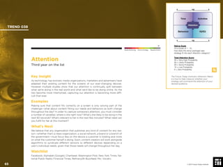 © 2017 Future Today Institute
The Future Today Institute’s Attention Matrix
is a tool to help measure whether your
strategy will command the attention of your
desired audience.
TREND 038
65 © 2017 Future Today Institute
Needs Monitoring Informs Strategy Requires Action
Attention
Third year on the list
Key Insight
As technology has evolved, media organizations, marketers and advertisers have
adapted their existing content for the screens of our ever-changing devices.
However multiple studies show that our attention is continually split between
what we’re doing in the real world and what we’d like to be doing online. As the
two become more intertwined, capturing our attention is becoming more difﬁ-
cult than ever.
Examples
Making sure that content ﬁts correctly on a screen is only solving part of the
challenge—what about content ﬁtting our needs and behaviors as both change
throughout the day? In order to capture someone’s attention, you must consider
a number of variables: where is she right now? What’s she likely to be doing in the
next 60 seconds? What’s relevant to her in the next few minutes? What need can
you fulﬁll for her at this moment?
What’s Next
We believe that any organization that publishes any kind of content for any rea-
son—whether that’s a news organization, a social network, a brand or a branch of
the government—must focus less on the device a customer is holding and more
on what the customer herself is doing. Soon, content creators will work alongside
algorithms to syndicate different versions to different devices depending on a
user’s individual needs, given that those needs will change throughout her day.
Watchlist
Facebook; Alphabet (Google); Chartbeat; Washington Post; New York Times; Na-
tional Public Radio; Financial Times; Reﬁnery29; Buzzfeed; Mic; Vocativ.
 