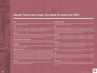 95
Keys
The code that, just like a physical key, is used to lock or unlock a system, en-
crypted message or software.
Lulz
A play on “lol” or “laughing out loud,” black hats often use the term “lulz” to
justify malicious work. LulzSec (“lulz security”) is yet another offshoot of Anon-
ymous, and it was credited with the massive Sony Pictures hack.
Malware
Any software program that’s been designed to manipulate a system, by stealing
information, augmenting code or installing a rogue program. Rootkits, keylog-
gers, spyware and everyday viruses are examples of malware.
Man-in-the-middle (MitM) attacks
This occurs when a hacker impersonates a trusted connection in order to steal
data or information or to alter communications between two or more people.
Metadata
This is the data that explains what’s in another set of data, such as a jpeg photo,
or an email, or a webpage.
Password managers
These are third-party tools that you entrust your passwords to. Just remember
one master password, and use it to unlock a database of all your other pass-
words, which should allow you to use a completely different password for every
site and service you use. While managers are a good idea in theory, many are
cloud-based. If a hacker gains access to your password manager, you’re in big
trouble. If you do use one, make sure to use complicated password at least 36
characters long with lots of special characters, numbers and capital letters.
Payload
The part of a computer virus that is responsible for the primary action, such as
destroying data or stealing information.
Penetration testing
The practice of trying to break into your own computer or network, in order to
test the strength of your security.
PGP
PGP stands for “Pretty Good Privacy,” and you’ve probably seen a lot of PGP
numbers showing up in Twitter and Facebook bios lately. PGP is a basic method
of encrypting email (and other data). In oder to receive and read the message,
your intended recipient must use a private key to decode it.
Phishing
We’ve all seen a phishing attack at least once. They usually come in the form of
an email from a trusted contact. Once you open the message or attachment,
your computer, your data and the network you’re on become vulnerable to at-
tack.
Plaintext
This is text without any formatting. In the context of cybersecurity, it also refers
to text that isn’t encrypted. Sony Pictures storing its passwords and email ad-
dresses in a basic Excel spreadsheet is an example of plaintext.
Pwned
South Park fans will remember Cartman using this word. It’s geek speak for
“dominate.” If you’ve been hacked, you’ve been pwned.
RAT
RATs are Remote Access Tool. If you’ve used a remote login service to access
your ofﬁce computer while away from work, you’ve used a RAT. But RATs can
be malicious, too. Just imagine a hacker using a RAT to take over your worksta-
tion.
Ransomware
This is malware that allows a hacker to break into your computer or network
and then take away your access until you pay a speciﬁed fee or perform a cer-
tain action.
Hacker Terms and Lingo You Need To Know For 2017
© 2017 Future Today Institute95
 