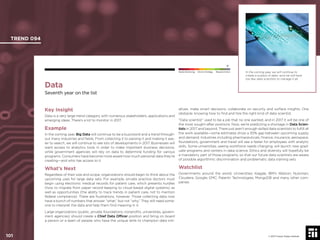 101 © 2017 Future Today Institute
In the coming year, we will continue to
create a surplus of data—and we will have
too few data scientists to manage it all.
TREND 094
101 © 2017 Future Today Institute
Needs Monitoring Informs Strategy Requires Action
Data
Seventh year on the list
atives, make smart decisions, collaborate on security and surface insights. One
obstacle: knowing how to ﬁnd and hire the right kind of data scientist.
“Data scientist” used to be a job that no one wanted, and in 2017 it will be one of
the most sought-after positions. Now, we’re predicting a shortage in Data Scien-
tists in 2017 and beyond. There just aren’t enough skilled data scientists to fulﬁll all
the work available—some estimates show a 50% gap between upcoming supply
and demand. Industries including pharmaceuticals, ﬁnance, insurance, aerospace,
foundations, government and travel will see a faster for employees with analytic
skills. Some universities, seeing workforce needs changing, will launch new grad-
uate programs and centers in data science. Ethics and diversity will hopefully be
a mandatory part of those programs, so that our future data scientists are aware
of possible algorithmic discrimination and problematic data training sets.
Watchlist
Governments around the world; Universities; Kaggle; IBM’s Watson; Nutonian;
Cloudera; Google; EMC; Palantir Technologies; MongoDB and many other com-
panies
Key Insight
Data is a very large trend category with numerous stakeholders, applications and
emerging ideas. There’s a lot to monitor in 2017.
Example
In the coming year, Big Data will continue to be a buzzword and a trend through-
out many industries and ﬁelds. From collecting it to parsing it and making it eas-
ier to search, we will continue to see lots of developments in 2017. Businesses will
want access to analytics tools in order to make important business decisions,
while government agencies will rely on data to determine funding for various
programs. Consumers have become more aware how much personal data they’re
creating—and who has access to it.
What’s Next
Regardless of their size and scope, organizations should begin to think about the
upcoming uses for large data sets. For example, private practice doctors must
begin using electronic medical records for patient care, which presents hurdles
(how to migrate from paper record-keeping to cloud-based digital systems) as
well as opportunities (the ability to track trends in patient care, not to mention
federal compliance). There are frustrations, however. Those collecting data now
have a bunch of numbers that answer “what,” but not “why.” They still need some-
one to interpret the data and help them ﬁnd meaning in it.
Large organizations (public, private, foundations, nonproﬁts, universities, govern-
ment agencies) should create a Chief Data Ofﬁcer position and bring on board
a person or a team of people who have the unique skills to champion data initi-
 