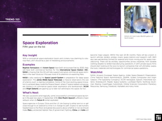 © 2017 Future Today Institute
NASA’s SLS tank holds 196,000 gallons of
liquid oxygen.
TREND 153
140 © 2017 Future Today Institute
Needs Monitoring Informs Strategy Requires Action
Space Exploration
Fifth year on the list
become major players. Within the next 24-36 months, there will be a boom in
launch vehicles, landers, probes, rovers, space stations and research craft. We’ll
also see partnerships formed for asteroid and moon mining and for space man-
ufacturing. There will be ancillary opportunities across industries, from durable
clothing retailers to skilled manufacturing operations. In 2017, private equity ﬁrms
should start looking at the soon-to-launch companies that will ultimately supply
the tools, materials and technologies for commercial space operations.
Watchlist
NASA; Amazon; European Space Agency; Indian Space Research Organization;
China National Space Administration; DARPA; Scaled Composites and Virgin
Galactic (The Spaceship Company); XCOR Aerospace; SpaceX; Interorbital Sys-
tems; Stratolaunch; Masten Space Systems; Lockheed Martin; Northrop Grum-
man; Boeing; Copenhagen Suborbitals; Orbital Sciences Corporation; Planetary
Resources; Samsung; Facebook; Alphabet and many more.
Key Insight
With a commercial space exploration boom and civilians now planning to colo-
nize Mars, 2017 should be a year of interesting announcements.
Examples
Bigelow Aerospace and Axiom Space have both announced that by 2020, they
will have built commercial facilities for the International Space Station (ISS).
NASA is hoping that the ISS will help support and grow commercial space activ-
ities in the near-future as it focuses more of its attention on exploring Mars.
NASA is also readying the Space Launch System in preparation for deep space
exploration. The James Webb Space Telescope, a massive observatory the size
of a tennis court, is nearing completion. Some of the most exciting space innova-
tion is centered deep inside the Mojave Desert, where 17 space-related companies
are closing in on commercial space travel, exploration and development. XCOR
and Virgin Galactic are gearing up to take non-astronauts into space...for fun.
What’s Next
We saw successful (and tragically, some unsuccessful) commercial space launch-
es in the past two years. In September 2016, Elon Musk’s SpaceX suffered a major
setback when its Falcon 9 rocket exploded.
Space agencies in Europe, China and the U.S. are hoping to either land on or get
close enough to an asteroid to mine it or change its path. Expect to see humans
headed back to the Moon and global discussions about whether or not we should
make Mars a protected habitat, free of government ﬁghting. China and India will
 