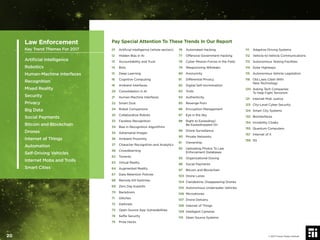 Pay Special Attention To These Trends In Our Report
01 Artiﬁcial Intelligence (whole section)
12 Hidden Bias in AI
13 Accountability and Trust
14 Bots
15 Deep Learning
16 Cognitive Computing
18 Ambient Interfaces
20 Consolidation in AI
21 Human-Machine Interfaces
22 Smart Dust
24 Robot Companions
25 Collaborative Robots
33 Faceless Recognition
34 Bias in Recognition Algorithms
35 Adversarial Images
36 Ambient Proximity
37 Character Recognition and Analytics
56 Crowdlearning
62 Torrents
63 Virtual Reality
64 Augmented Reality
67 Data Retention Policies
68 Remote Kill Switches
69 Zero Day Exploits
70 Backdoors
71 Glitches
72 Darknets
73 Open Source App Vulnerabilities
74 Selﬁe Security
75 Prize Hacks
76 Automated Hacking
77 Offensive Government Hacking
78 Cyber Mission Forces in the Field
79 Weaponizing Wikileaks
80 Anonymity
81 Differential Privacy
82 Digital Self-Incrimination
83 Trolls
84 Authenticity
85 Revenge Porn
86 Encryption Management
87 Eye in the Sky
88 Right to Eavesdrop/
Be Eavesdropped On
89 Drone Surveillance
90 Private Networks
91 Ownership
92 Uploading Photos To Law
Enforcement Databases
93 Organizational Doxing
96 Social Payments
97 Bitcoin and Blockchain
103 Drone Lanes
104 Clandestine, Disappearing Drones
105 Autonomous Underwater Vehicles
106 Microdrones
107 Drone Delivery
108 Internet of Things
109 Intelligent Cameras
110 Open Source Systems
111 Adaptive Driving Systems
112 Vehicle-to-Vehicle Communications
113 Autonomous Testing Facilities
114 Solar Highways
115 Autonomous Vehicle Legislation
118 Old Laws Clash With
New Technology
120 Asking Tech Companies
To Help Fight Terrorism
121 Internet Mob Justice
123 City-Level Cyber Security
124 Smart City Systems
132 Biointerfaces
154 Invisibility Cloaks
155 Quantum Computers
157 Internet of X
158 5G
Law Enforcement
Key Trend Themes For 2017
Artiﬁcial Intelligence
Robotics
Human-Machine Interfaces
Recognition
Mixed Reality
Security
Privacy
Big Data
Social Payments
Bitcoin and Blockchain
Drones
Internet of Things
Automation
Self-Driving Vehicles
Internet Mobs and Trolls
Smart Cities
© 2017 Future Today Institute20
 
