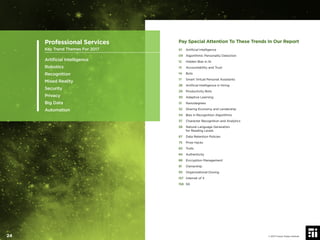 Pay Special Attention To These Trends In Our Report
01 Artiﬁcial Intelligence
09 Algorithmic Personality Detection
12 Hidden Bias in AI
13 Accountability and Trust
14 Bots
17 Smart Virtual Personal Assistants
28 Artiﬁcial Intelligence in Hiring
29 Productivity Bots
30 Adaptive Learning
31 Nanodegrees
32 Sharing Economy and Lendership
34 Bias in Recognition Algorithms
37 Character Recognition and Analytics
58 Natural Language Generation
for Reading Levels
67 Data Retention Policies
75 Prize Hacks
83 Trolls
84 Authenticity
86 Encryption Management
91 Ownership
93 Organizational Doxing
157 Internet of X
158 5G
Professional Services
Key Trend Themes For 2017
Artiﬁcial Intelligence
Robotics
Recognition
Mixed Reality
Security
Privacy
Big Data
Automation
© 2017 Future Today Institute24
 